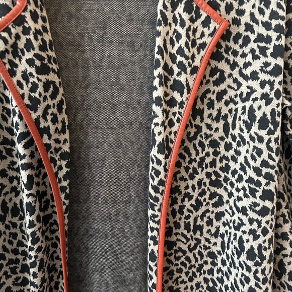 THML Women Leopard Print Long Open Front Cardigan Faux Leather Piping Sz XS - Picture 2 of 6